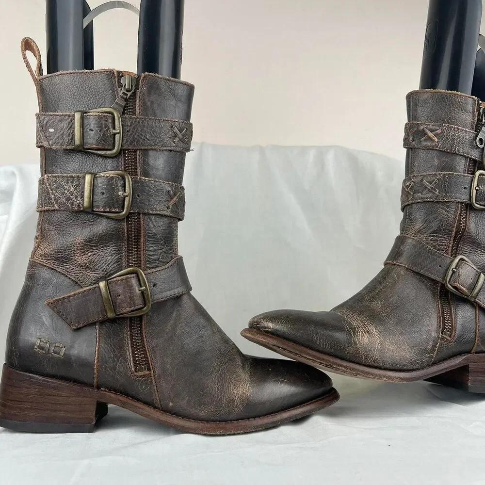 Bed Stu Blanchett Braid Buckle Strap Mid Calf Distressed Leather Boots  Size 8